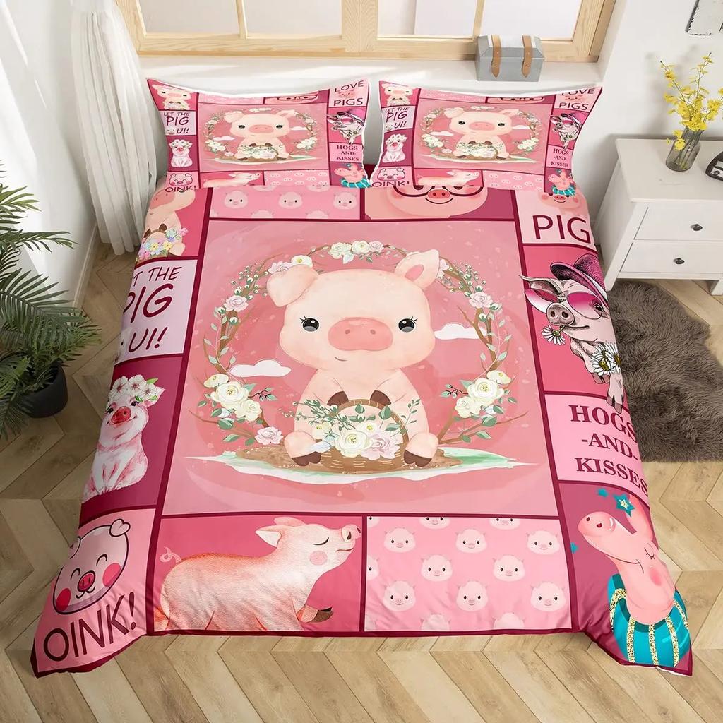 Cute Pig Duvet Cover Set For GirlsSunflowers Florals Comforter Cover Pink Grid Lattice Plaid Bedding Sets Quilt Cover Full Size
