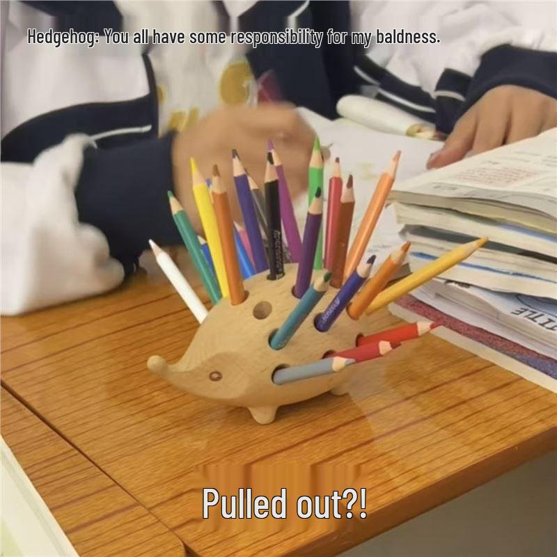 Nordic Hedgehog Wooden Pen Holder for Office or Kids' Room Decor