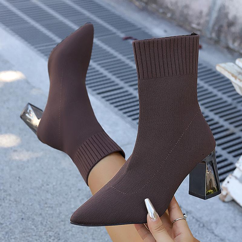 Herbst Winter Gestrickte High Heel Stiefel Damen Sexy Spitz Zehen Knöchelstiefel Frau Übergröße 36-43 Dicke Absätze Stiefeletten Mujer