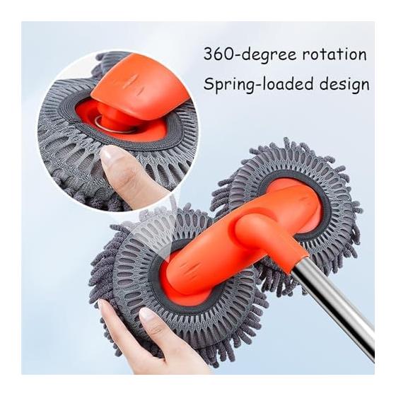 Car Wash Mop, Telescopic Car Wash Brush, Double Head, 360 Degree Rotation, Mop Head, Dry and Wet, Extendable Rod, Super Water Absorbent, Holds Foam,