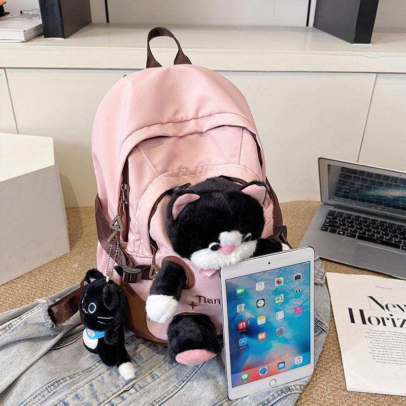 Cute Kitten Color-Block Cartoon Plush Schoolbag - Large Capacity Backpack for Female College Students