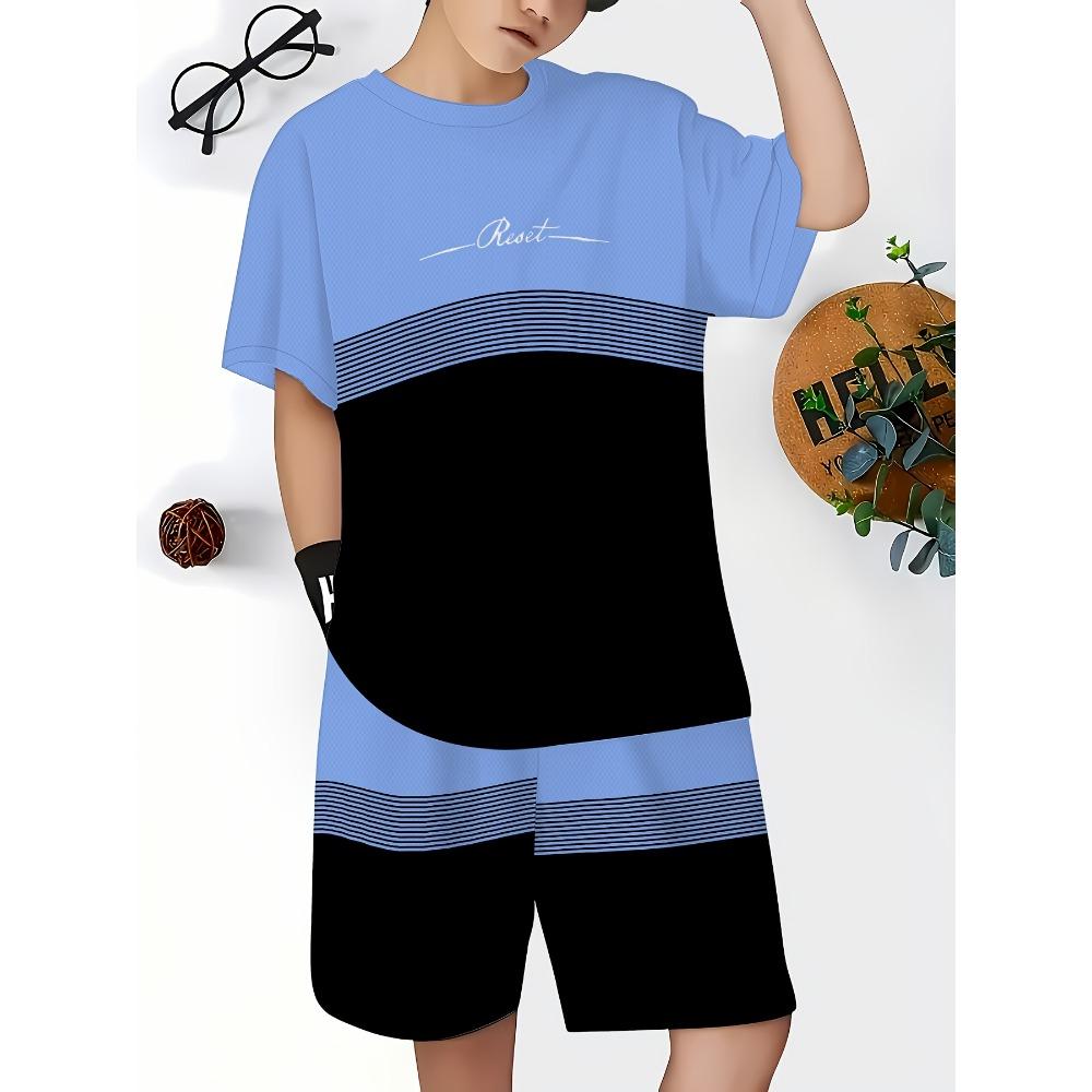 Trendy children s simple blue black contrasting short sleeved shorts set 150