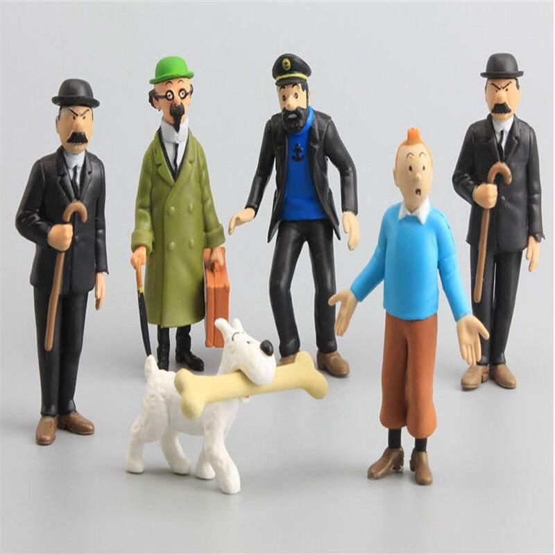 6pcs The Set Adventures Of Tintin Snowy Captain Haddock Action Figure Kids Gift