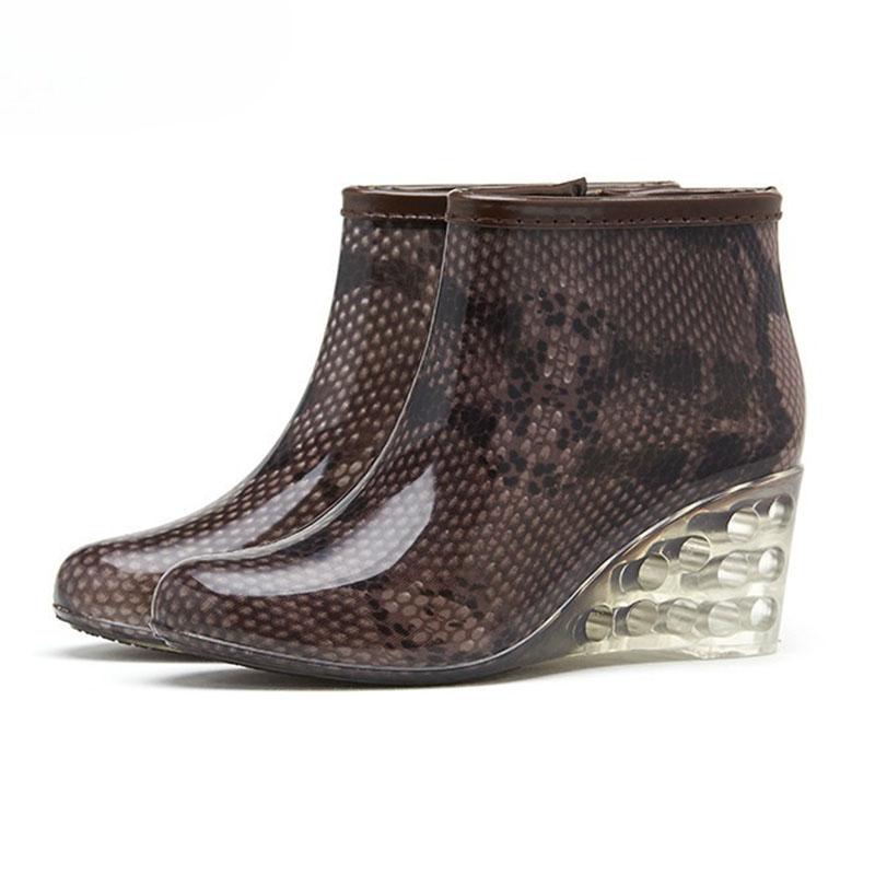 Women's Rain Boots Waterproof Overshoes Female Soft Sole Anti-slip PVC Plastic Shoes Fashion Printed Wedge Heels Zipper Gumboots