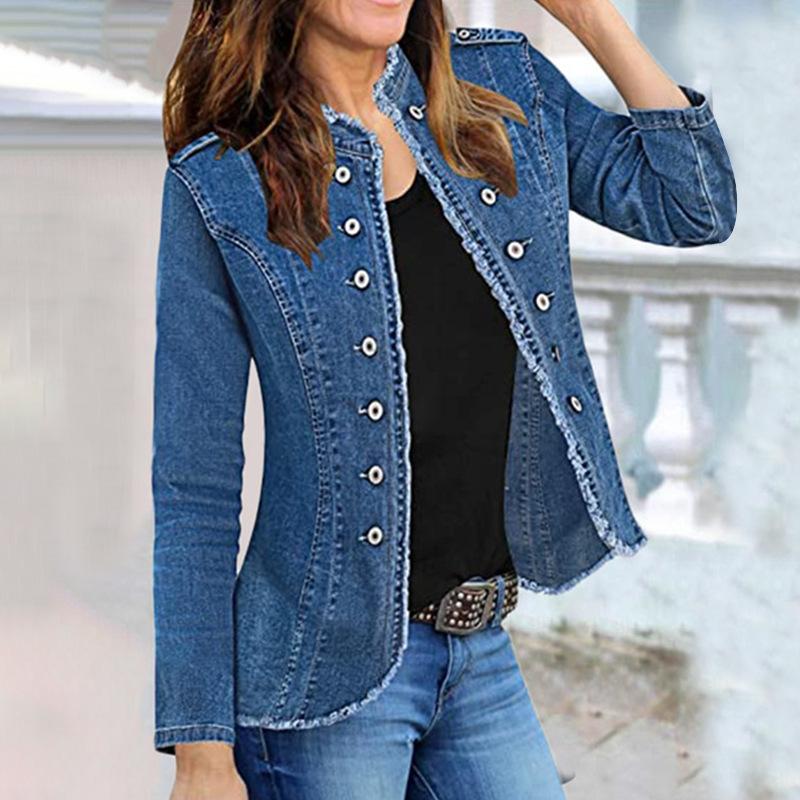 Giacca di jeans corta da donna a monopetto con colletto alla coreana per la primavera