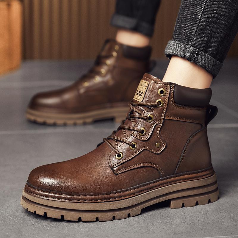 Fashion Man Round Toe Style Outdoor Motorcycle Boots Warm Plush Fur Winter Boots for Men Genuine Leather Basic Boots Comfy Outdoor Shoes