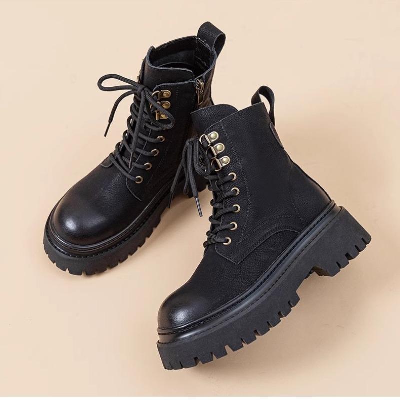 Martin Boots Women's Autumn and Winter New Soft Leather Comfortable Velvet Short Boots Thick-soled Heightening Locomotive Boots
