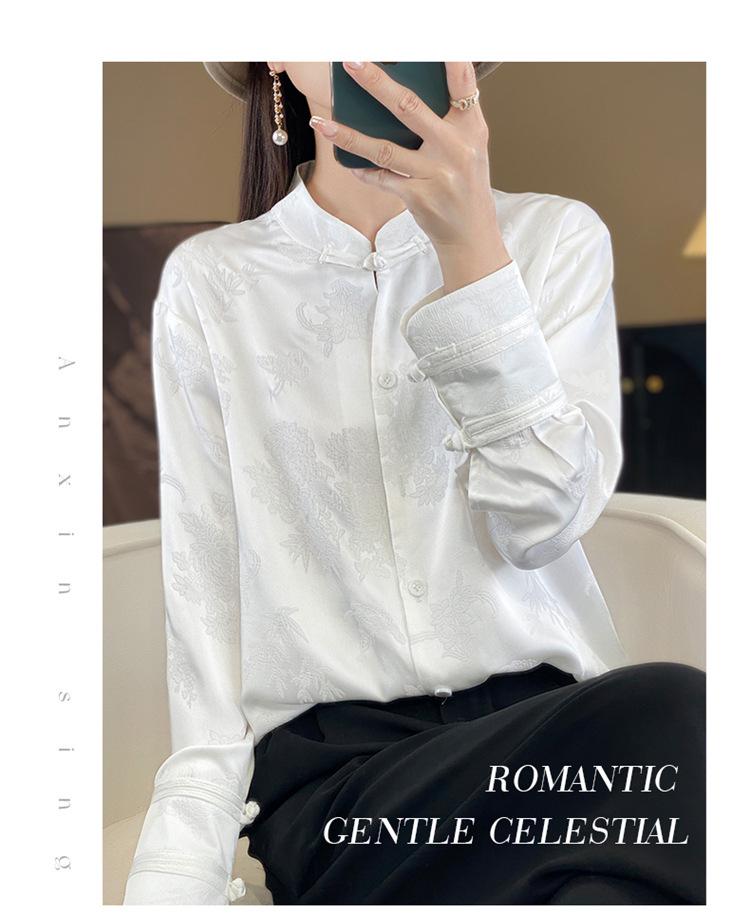 Women's Summer Stand Collar Jacquard Shirt in Solid Color Silk Satin