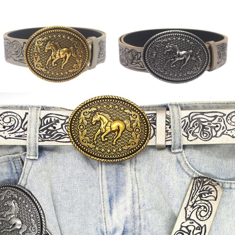 Floral Engraved PU Belt for Jeans Women Vintage Horse Pattern Buckle Waist Belt