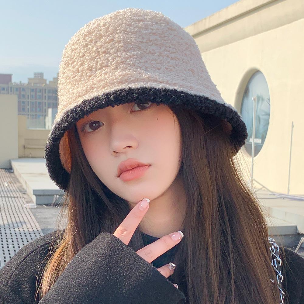 Herbst Winter Fischerhut Damen Gestrickte Einfarbige Beckenhüte Lammsamt Warmer Kälteschutz Eimerhut