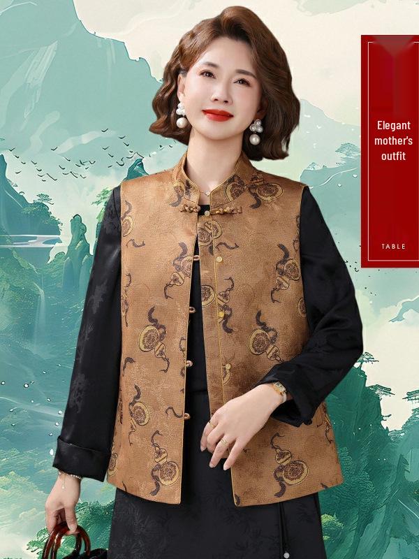 Women's Autumn/Winter Tang Suit Vest: Stand-Up Collar Cardigan for Middle-Aged/Elderly