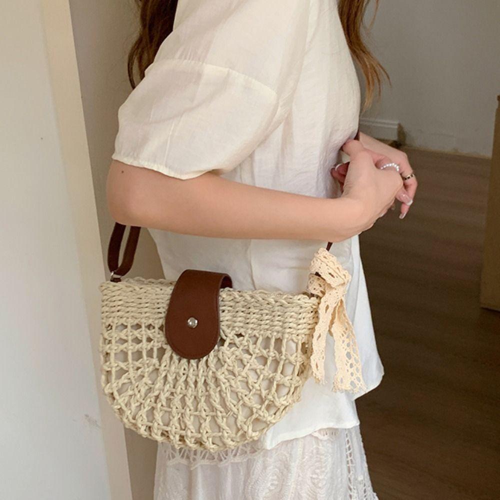 Rattan Semicircle Crossbody Bag Bohemian Beach Bag Trendy Weave Straw Shoulder Bag Shopping