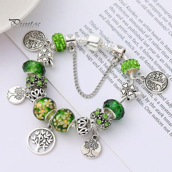 Glücksarmband, glasierter Lebensbaum, grüner Kunstkristall, Vintage, DIY, mehrere Charms, ethnischer Stil, pastoraler Armreif für Shopping, Arbeit, Party, Dating