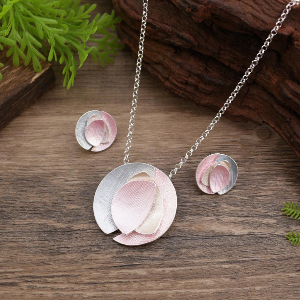 New Color Painting Oil Round Geometric Petal Stud Earrings Pendant Set, Women's Simple Flower Necklace