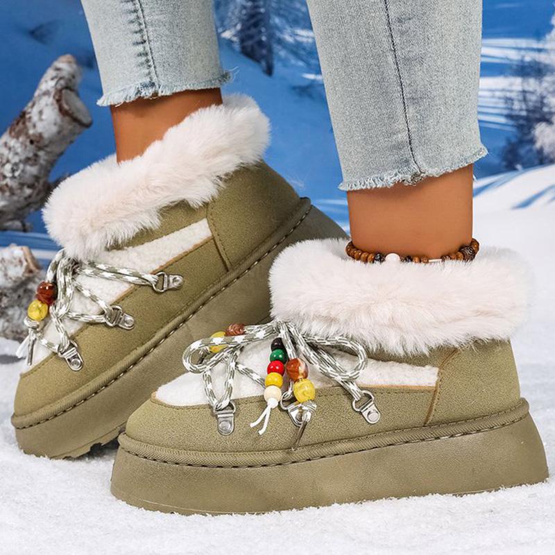 Bohemian Lace Up String Bead Snow Boots Women Winter Soft Faux Fur Warm Ankle Boots Woman Plus Size36-43 Platform Botas Mujer