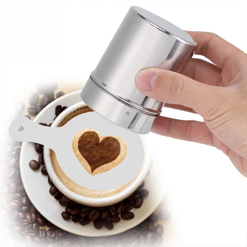 Setaccio per caffè con farina di cacao, shaker per cioccolato, 1 pezzo in acciaio inossidabile + modello per stencil per caffè da 16 pezzi