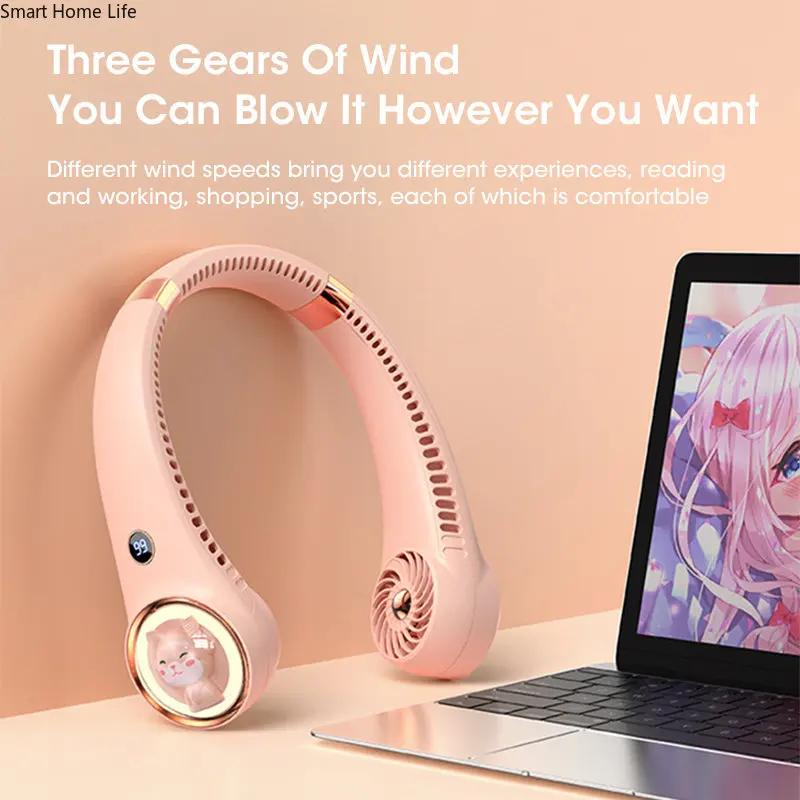 Bladeless Neck Fan 2000mAh USB Rechargeable Digital Display Cute Cat Hanging Mini for Travel Office