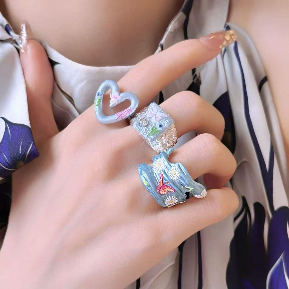 Fashion Open Ring Enamel Flower Ring Daisy Dripping Oil Heart Ring Love Painting Irregular Enamel Ring Gift