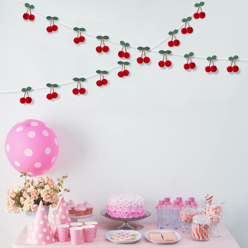 Jexine 3 Pieces Cherry Garland Decor Summer Cherries Party Decoration Pom Pom Felt Bunting Banner 6.6 Ft Colorful DIY Fruit Hanging Ornaments for