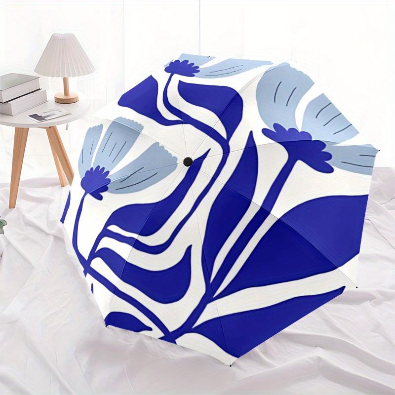 

1pc Floral Blue Automatic Open 8-Rib Windproof Umbrella, Travel & Commuting, Suitable for All Seasons