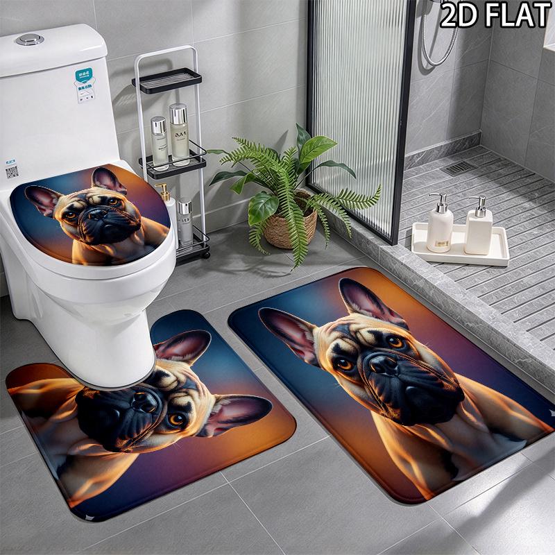 French Bulldog Pattern 3Pcs Bathroom Rug Set, Non Slip Absorbent Bath Mat, Contour Mat & Toilet Lid Cover, Bathroom Decor