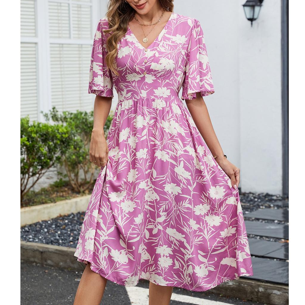 Women's Casual Printed V-Neck Short Sleeved Waist Dress Bohemian Beach Skirt Beach Skirt