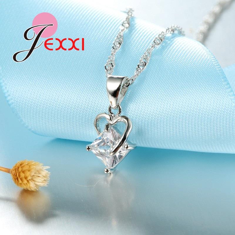 Fast Shipping Top Quality Women 925 Sterling Silver Bridal Romantic Heart Square Crystal Pendant Necklace Earrings Jewelry Set