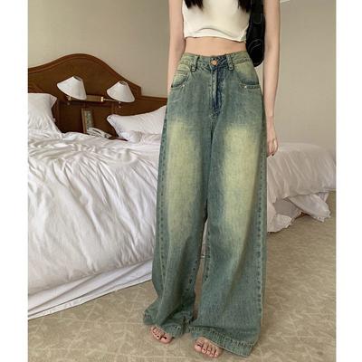 American Retro Washed Old Straight Jeans Women Spring and Autumn Slim Loose Mop Pants Wide Leg Pants.
