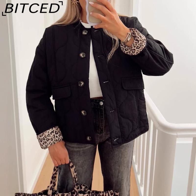 BITCED Women's Autumn/Winter Fashion Casual Plus Size Oversized Stand Collar Leopard Print Cotton Coat Jacket