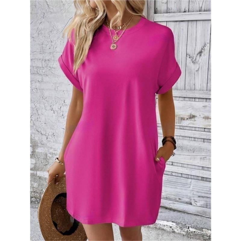 Women Casual Solid Color Round Neck Bat Sleeve Invisible Pocket Loose Short Sleeved Dress