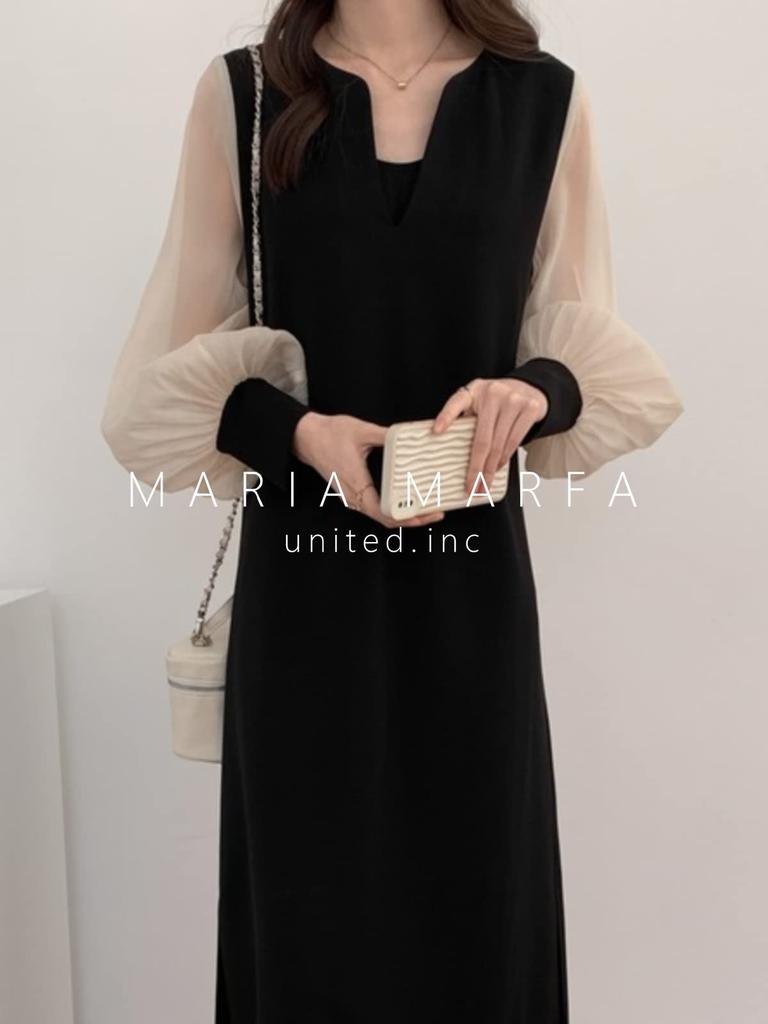 Maria Marfa Skipper Neck Dress with Sheer Chiffon Open Solid Elegant and Stylish Maxi Dress for Comfortable and Office Everyday Loose Long Long