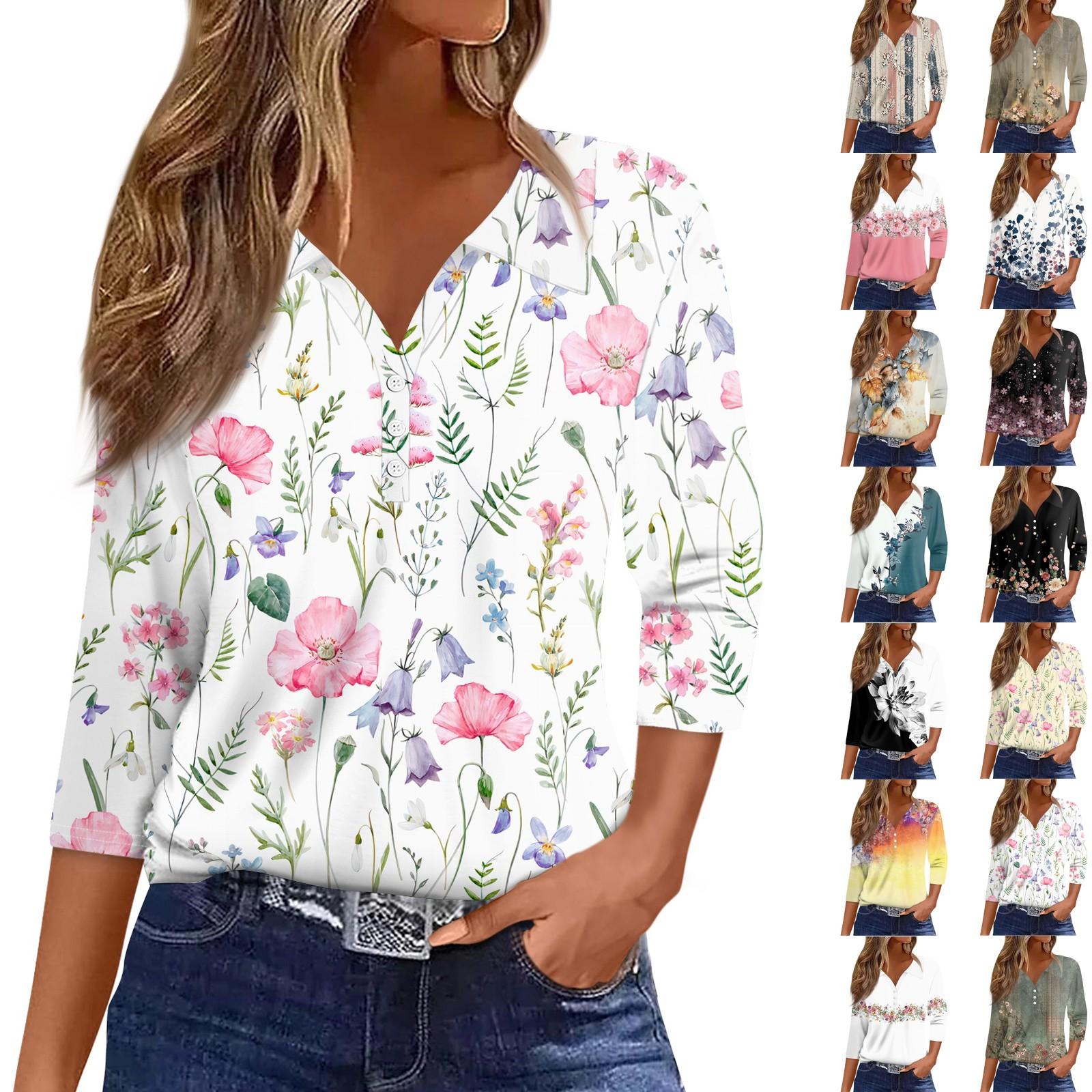 

Women s 3/4 Sleeve T Shirts V Neck Button Summer Tops Business Casual Basic Tees Blouse