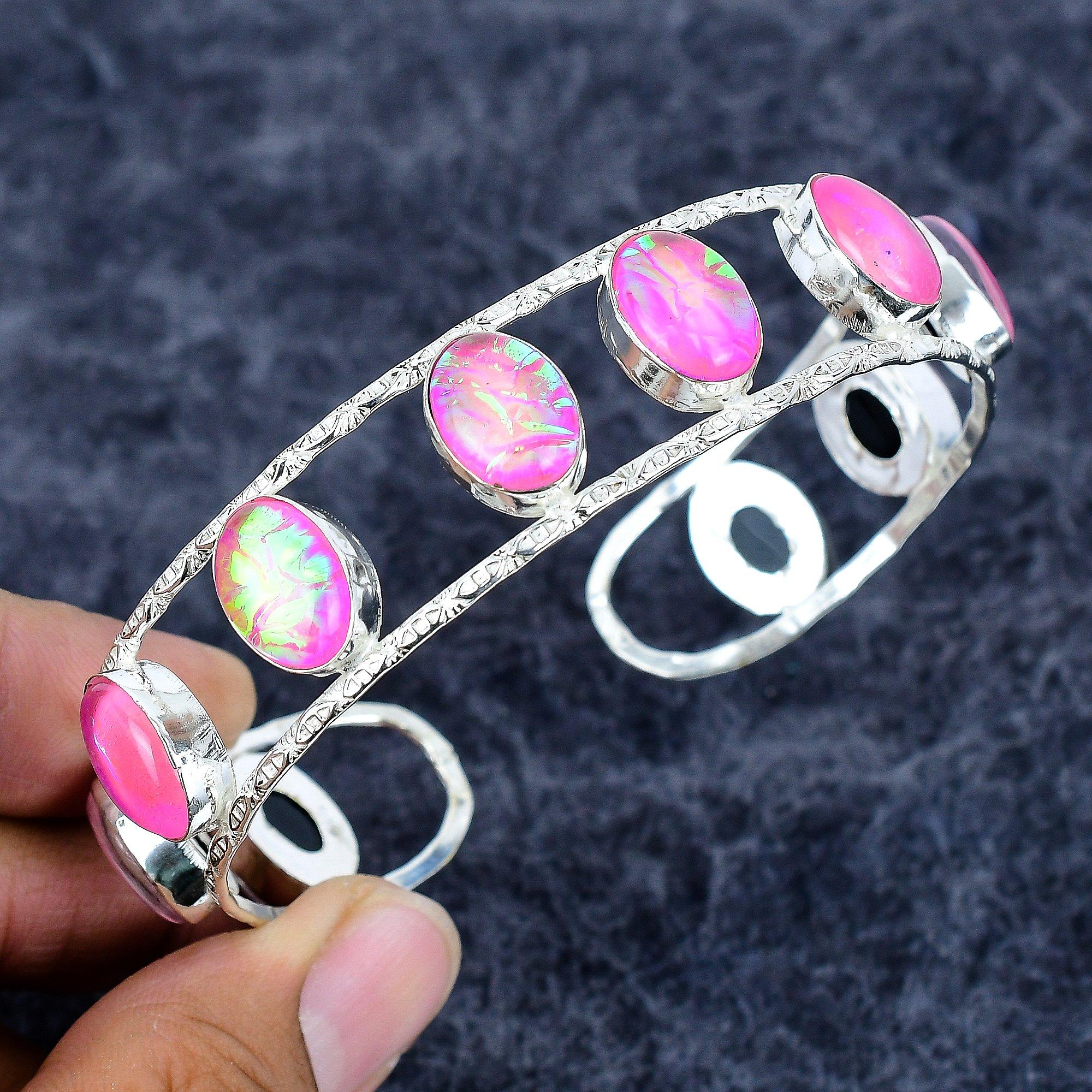 

Pink Triplet Opal Gemstone 925 Sterling Silver Cuff Bangle Adjustable M-3317