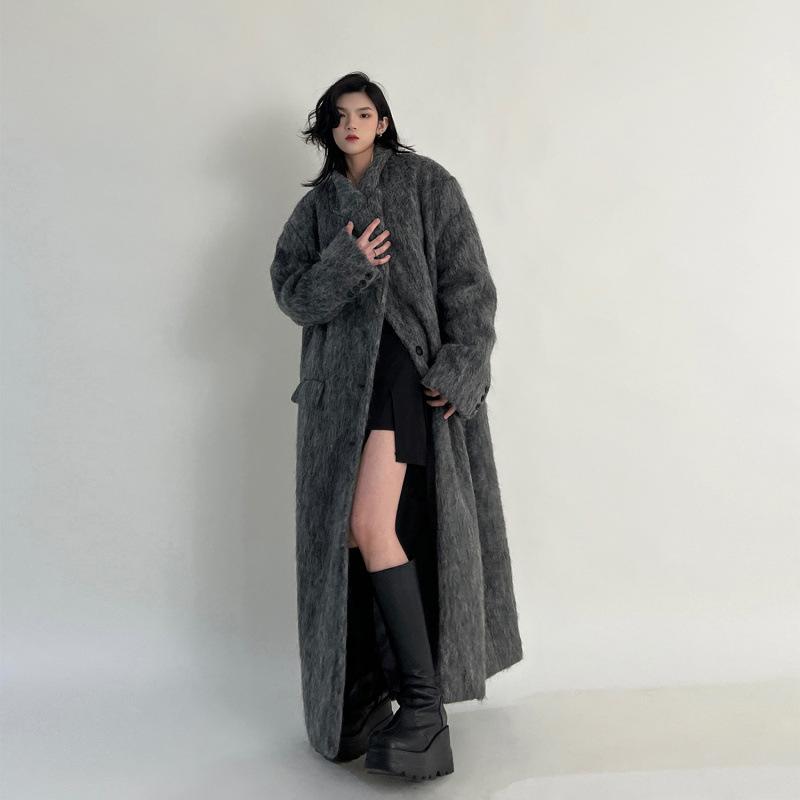 Autumn Winter Clothes Women Oversized Extra Long Casual Warm Grey Wooen Blends Coat Women Maxi Fluffy Woolen Overcoat