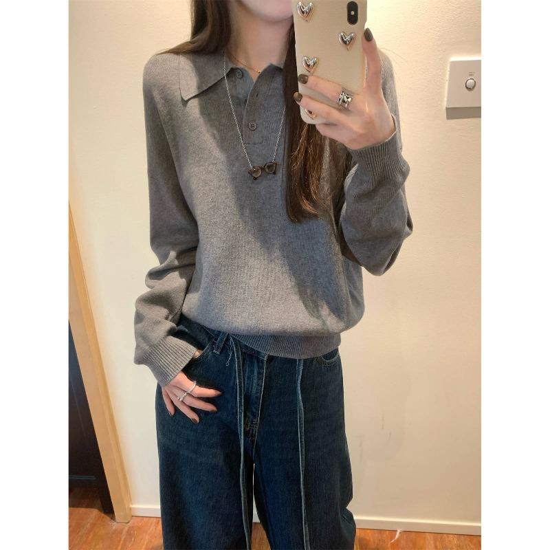 College Style Polo Neck Sweater Front Shoulder Long Sleeve Knitted Sweater Autumn Niche Fashionable Temperament Age-reducing Bottoming Top Women