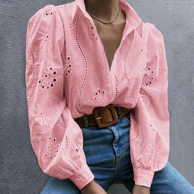 Hollow out Bubble Sleeve Lapel Shirt Pure Color Cut Out Puff Sleeves Lapel Shirt