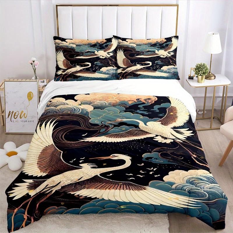 3pcs Chinese style Cranes Clouds 1Cover + 2Pillowcases, PillowInserts NotIncluded, Machine Washable, All - Season Use, Suitable for Bedroom Guest Room