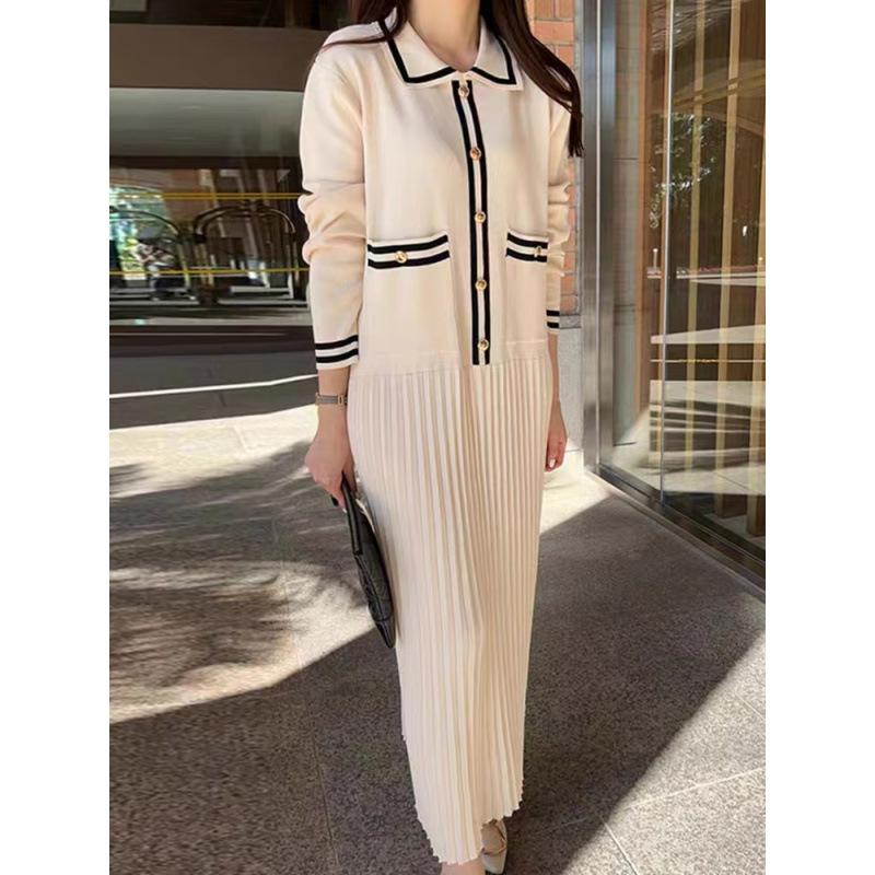 

Корейский Шик Ретро Лацкан Контрастное Вязаное Платье Женское Отделанное Элегантное Маленькое Ароматное Плиссированное Свободное Длинное Платье one size абрикосовый