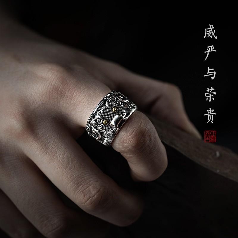 Verstellbarer Offener Ring Herren Damen Sterling Antiker Bestien-Motiv Vintage-Stil Geometrisches Statement