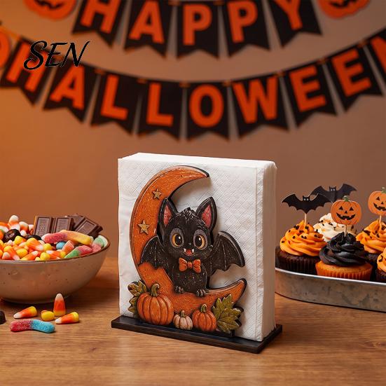 Decorative Wood Tissue Stand Halloween Napkin Holder, Vintage Rustic Dispenser Organizer, Spooky Ghost Playful Holiday Gift for Home Black Cat