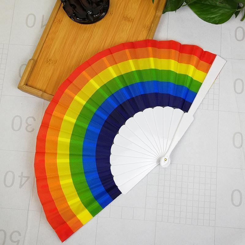 Rainbow Hand Crank Fan Foldable Oriental Style Silk Fabric Pocket Hand Fans Party Fovor Personality Dance Fan Gifts