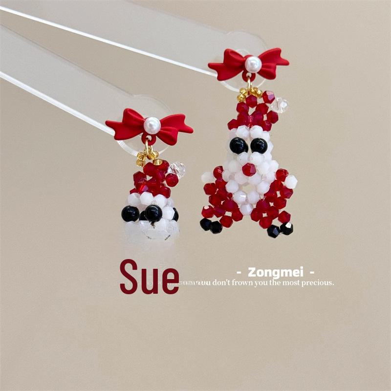 3D Christmas Tree Earrings with Red Bow - Heavy Beaded Crystal Ear Clips, Hand-Woven Holiday Accessories