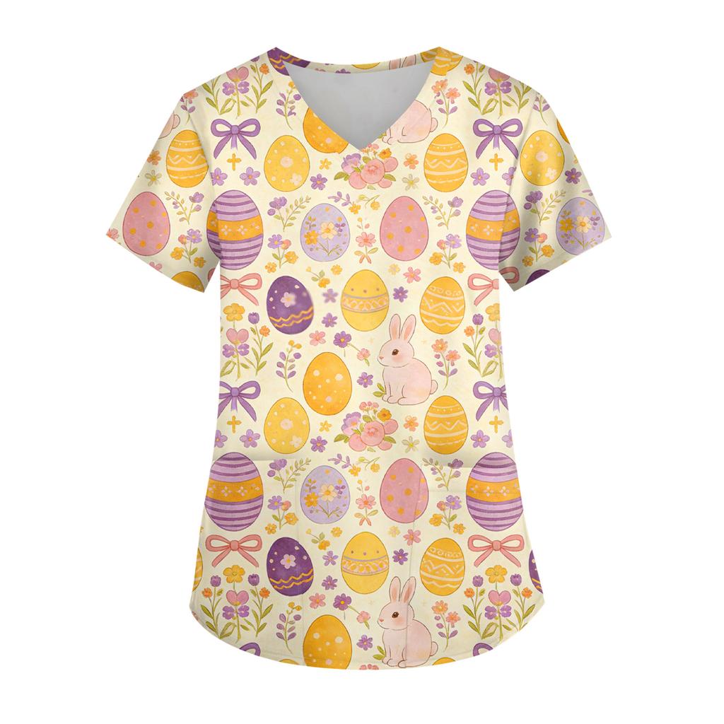 Ladies' Easter printed fashionable V-neck pocket short sleeved uniform and caregiver top