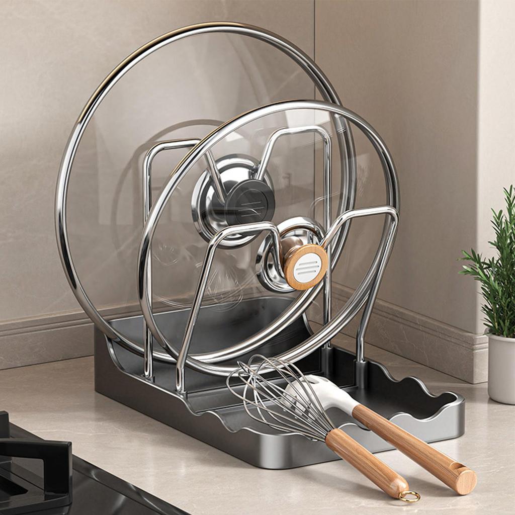 Pot Lid Rack Vertical Spoon Drying Shelf with Drip Tray Stainless Pot Lid Storage Rack for Kitchen Baking Cooking Pantry Counter