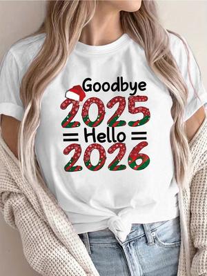 Damen T-Shirt Auf Wiedersehen 2025 Hallo 2026 Silvester Design Kurzarm Rundhals Lässiges Oberteil Damen Alltagskleidung