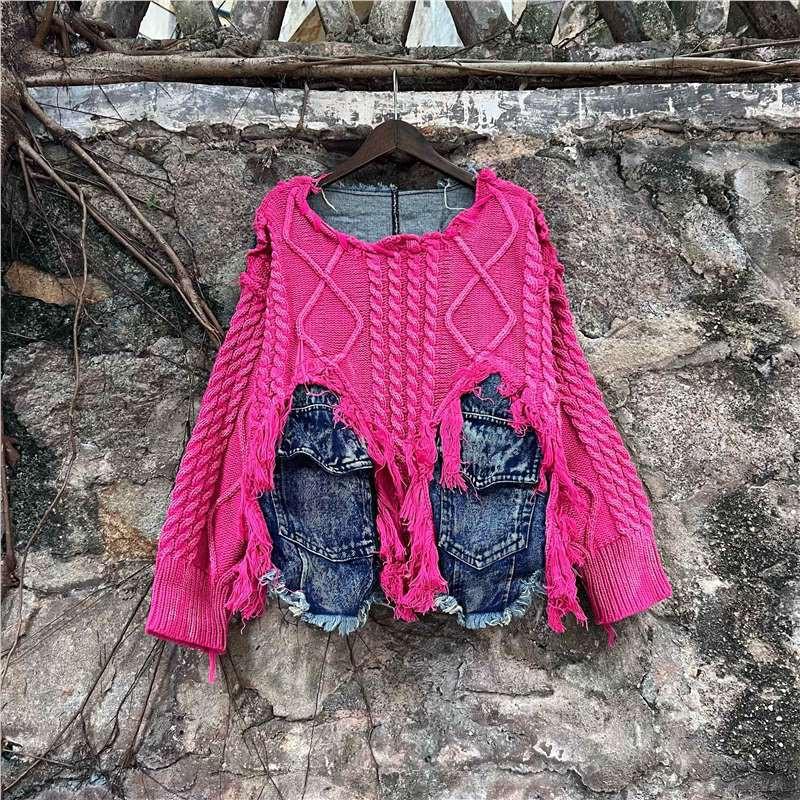 Womens 2-Piece Set Denim Knit Sweater Tassel Joggers Streetwear 2026