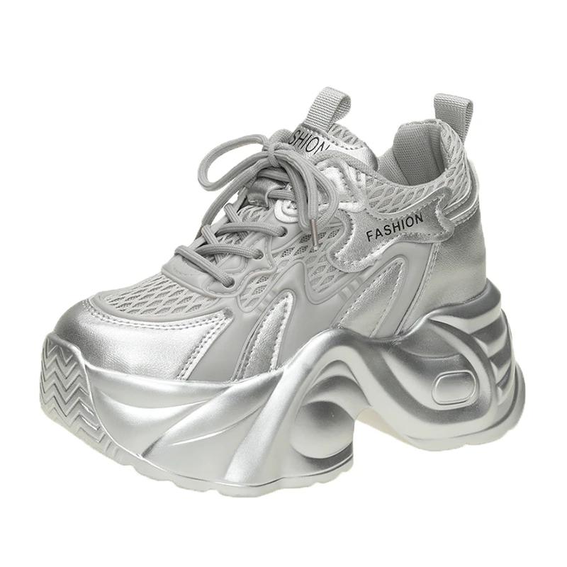 8.5CM Women Summer Hollow Breathable Mesh Chunky Sneakers Microfiber Leather Comfy Casual Dad Shoes Female Platform Sports Shoes