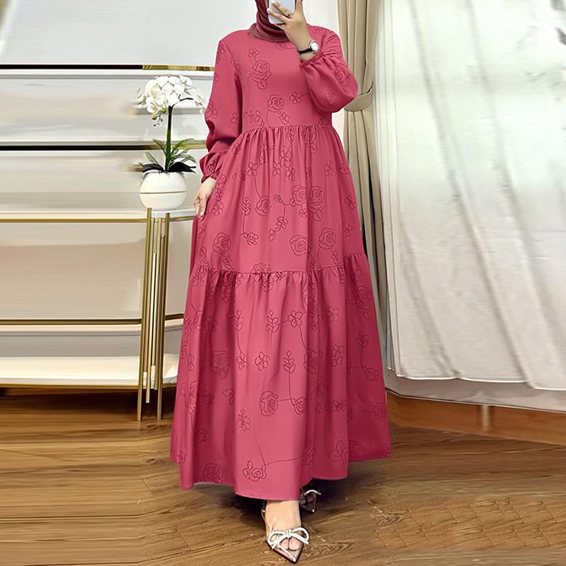 ZANZEA Women Vintage Print Casual Round Neck Long Sleeve Loose Dress