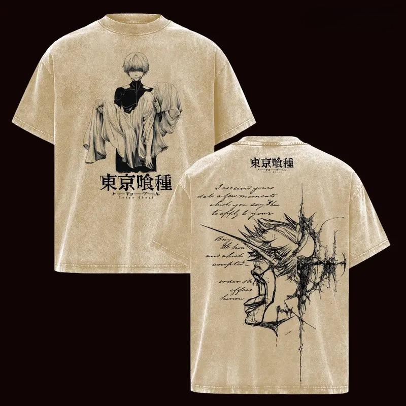 Hot Anime Tokyo Ghoul Kaneki Ken Clothing Men Women Short Sleeve Tshirts Washed Cotton Tee Oversized T-shirt Harajuku T Shirt