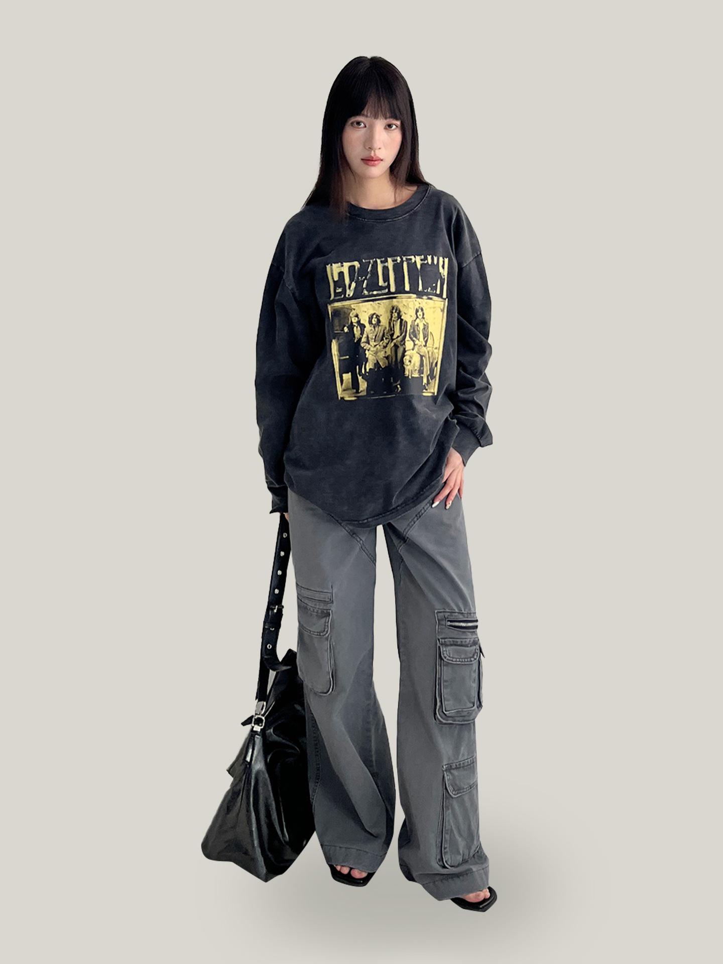 Yuyi 2026 Spring Retro Women s Loose Long Sleeve T-shirt One Size чёрный